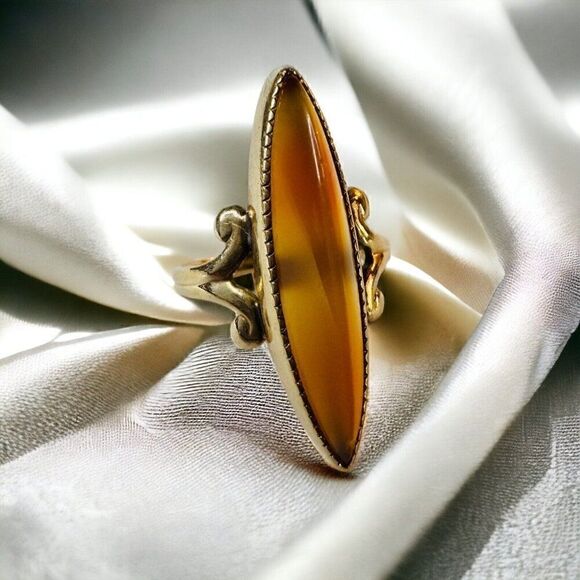 Antique 10k Gold Banded Agate Ring Sz 4.25 c1900 Victorian Navette Ring 2.7g - Picture 2 of 16